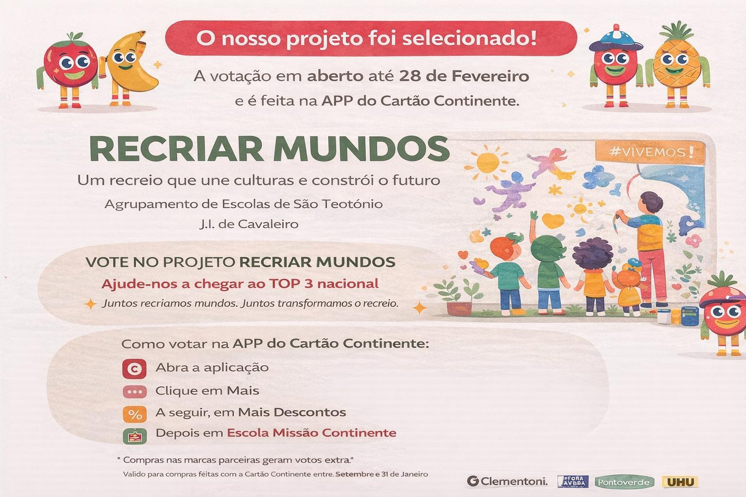 VOTE!!!!PARTILHE!!!!GANHE CONNOSCO! PROJETO “ReCriar MUNDOS | JI de Cavaleiro”  📲 App Cartão Continente 🛒 20€ = 1 voto ⭐ Marcas com mais pontos — veja os detalhes na App ⏳ Até 28 de fevereiro  💛 Pelas nossas crianças, por um mundo melhor.Partilhe com todos os seus contactos. Obrigada 🙏🏻 